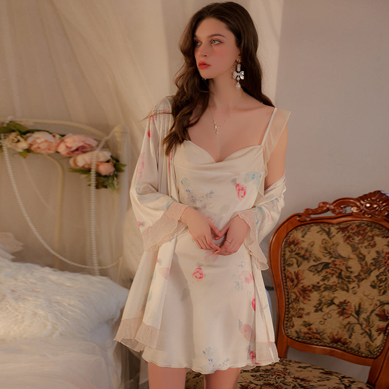 Rose plus-size pleated swing collar pure backless vintage printed mesh with ribbon nightdress for women's home wear set 3931