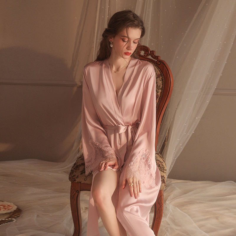 Honeymoon Night Long Lace Sleeved Nightgown with Tie-up, Pure Color Comfortable Robe Home Wear Set