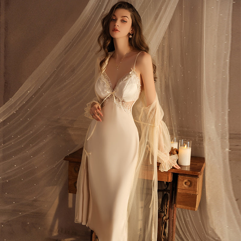 Sensual Long Silk Nightgown with Slit: Padded Push-Up Camisole Dress, Perfect for Honeymoon
