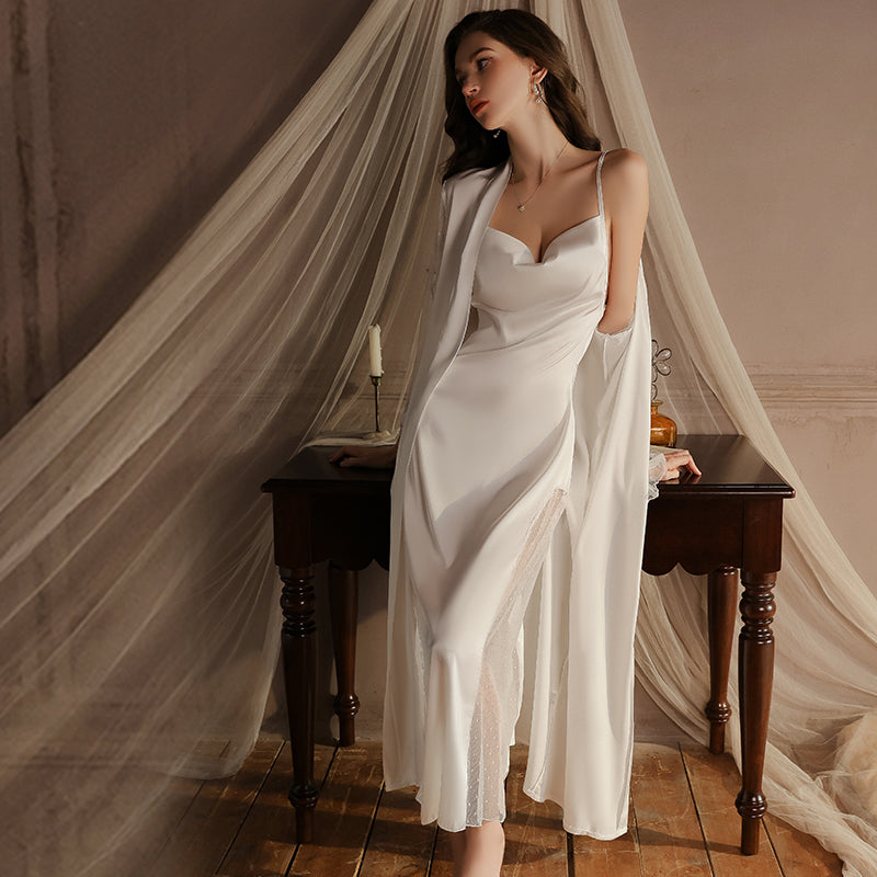 2025 Alluring Sexy Cowl Neck Nightdress Simple Sweet Smooth Ice Silk Sleepwear Robe Homewear Set