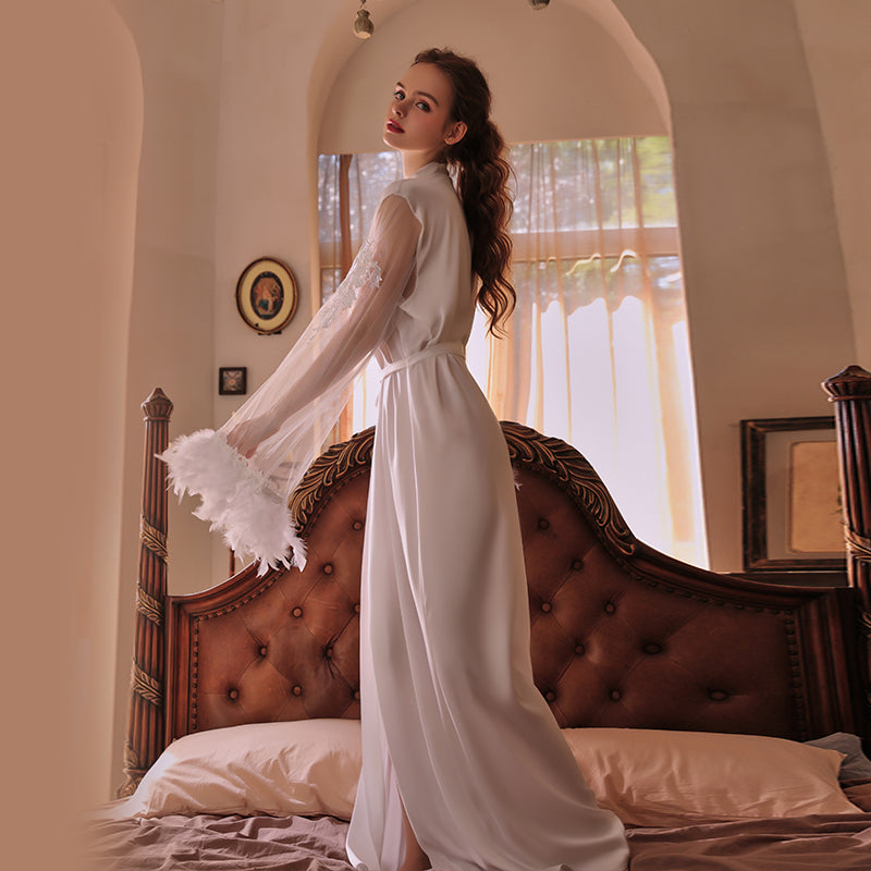 Wedding Luxurious Satin Mesh Feather Cuff Women's Embroidered Tie-Up Robe Set for Home Wear