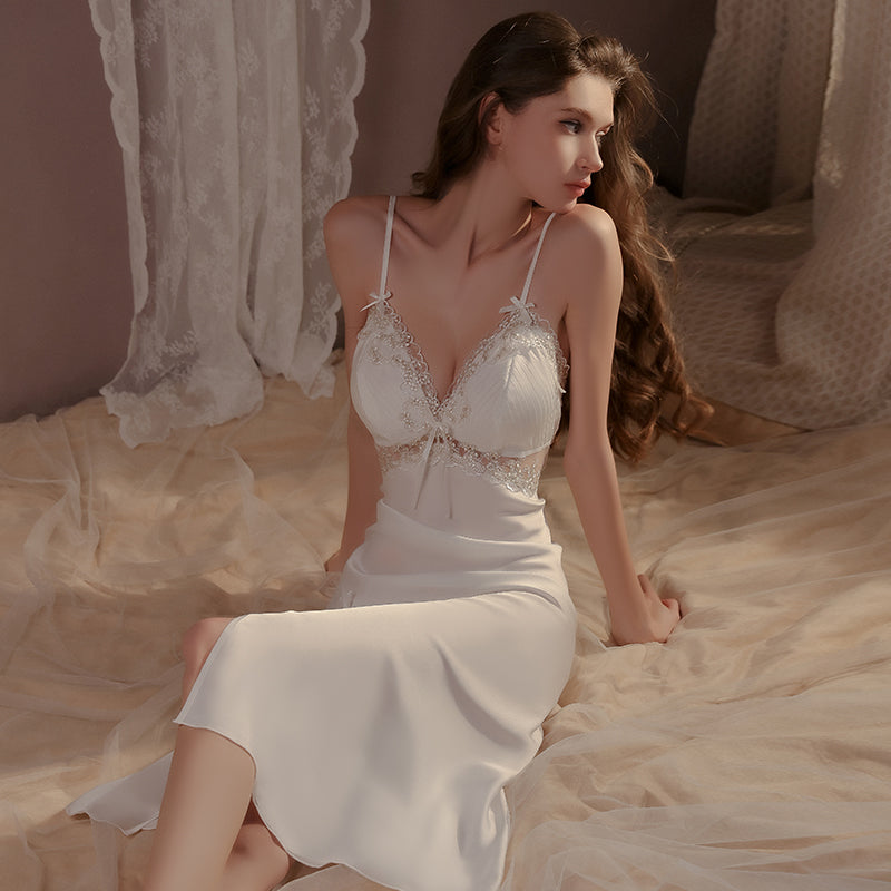 2025 Sensual Long Silk Nightgown with Slit: Padded Push-Up Camisole Dress, Perfect for Honeymoon