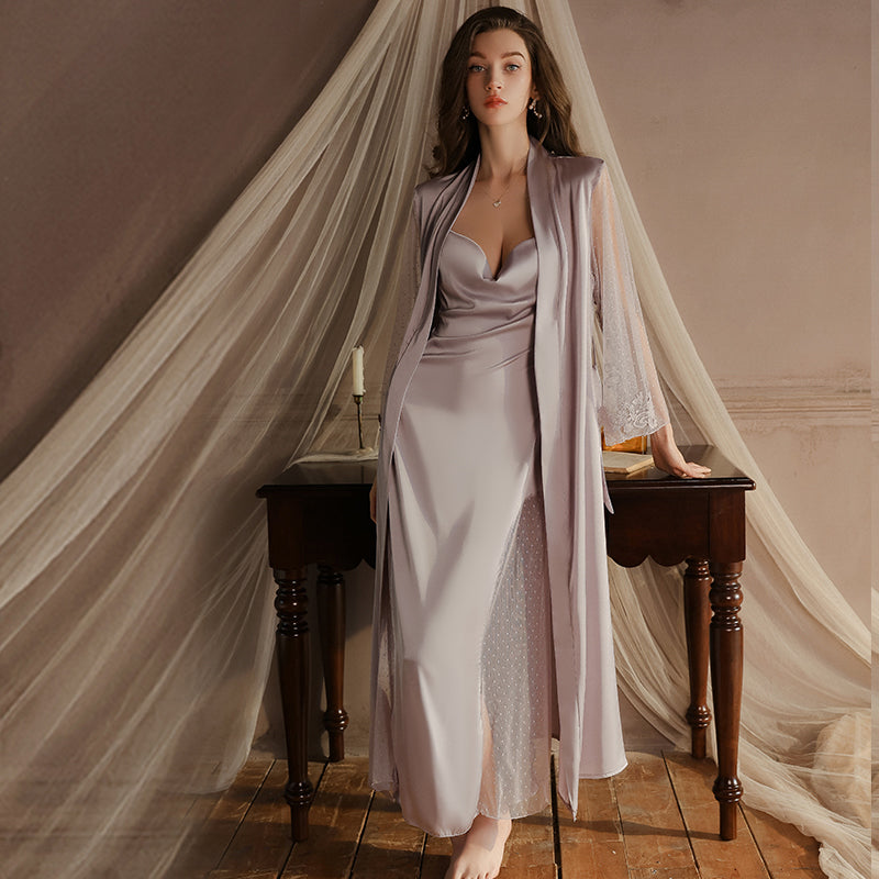 2025 Alluring Sexy Cowl Neck Nightdress Simple Sweet Smooth Ice Silk Sleepwear Robe Homewear Set