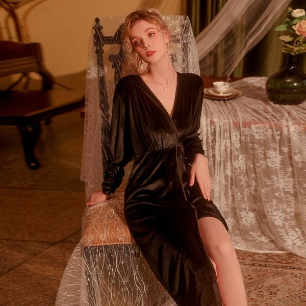 202408 new velvet nightgown with long robe and tie, featuring ruched cuffs, a loungewear set