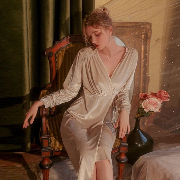 202408 new velvet nightgown with long robe and tie, featuring ruched cuffs, a loungewear set