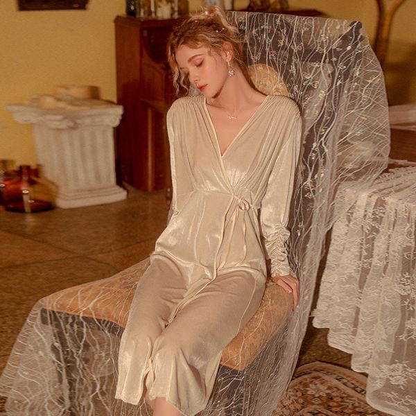 202408 new velvet nightgown with long robe and tie, featuring ruched cuffs, a loungewear set