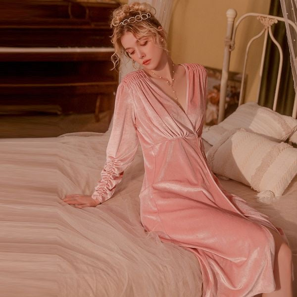 202408 new velvet nightgown with long robe and tie, featuring ruched cuffs, a loungewear set