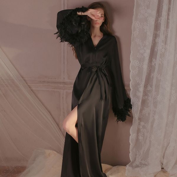 Feather Cuff Sexy Deep V-Neck Open-Front Robe  Dark