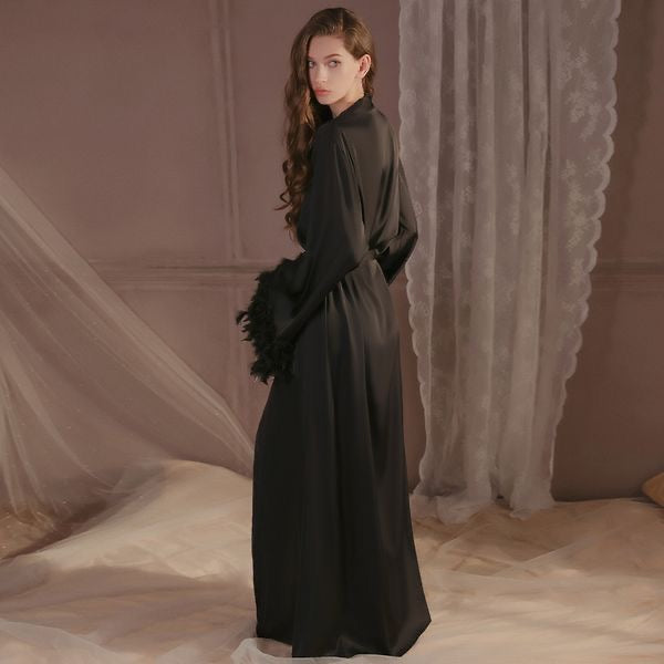 Feather Cuff Sexy Deep V-Neck Open-Front Robe  Dark