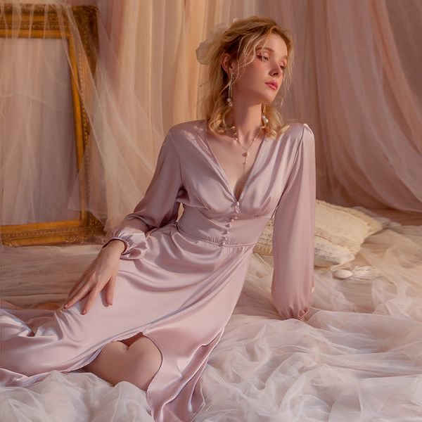 202408Long nightgown with French style, deep V-neck, side slit, silky satin fabric, waist-tie design, loungewear