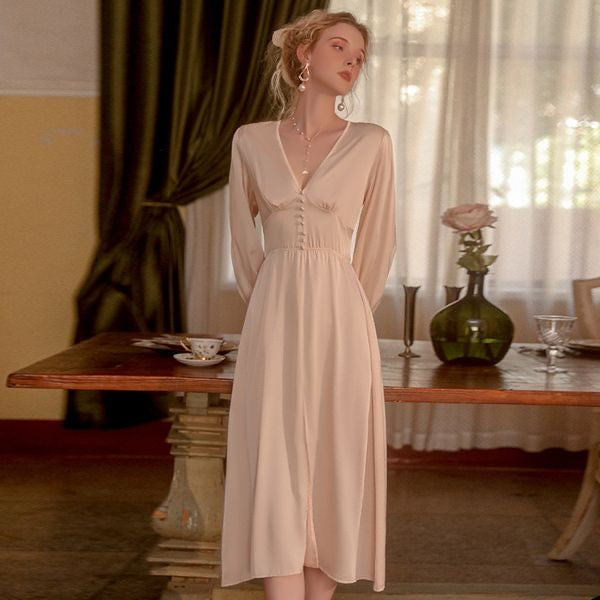 202408Long nightgown with French style, deep V-neck, side slit, silky satin fabric, waist-tie design, loungewear