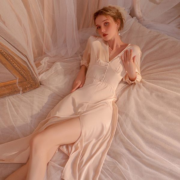 202408Long nightgown with French style, deep V-neck, side slit, silky satin fabric, waist-tie design, loungewear