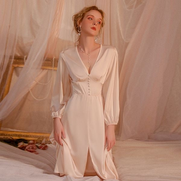 202408Long nightgown with French style, deep V-neck, side slit, silky satin fabric, waist-tie design, loungewear